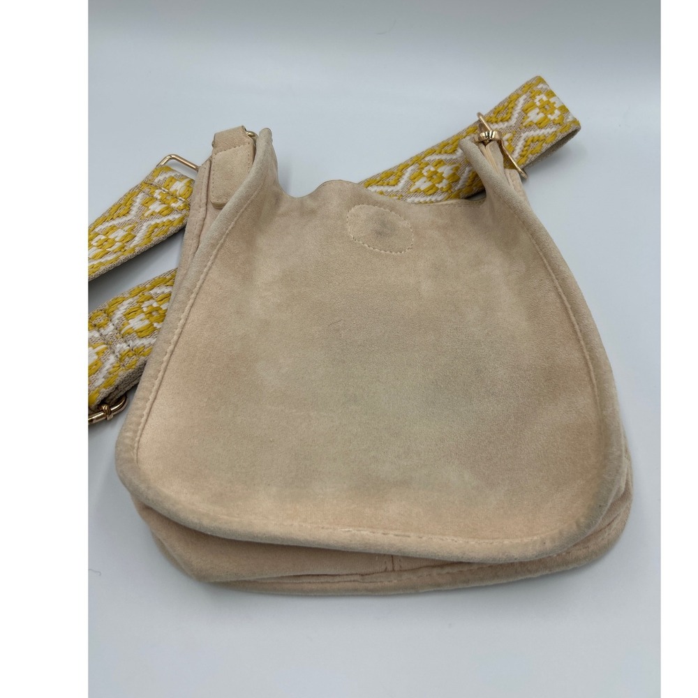Ah-dorned Suede Messenger Bag Beige Yellow Geometric Guitar Strap Crossbody‎